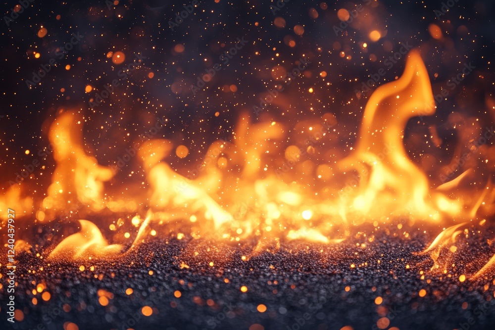 Poster flames dance and flicker as embers glow intensely against a dark background in a mesmerizing display