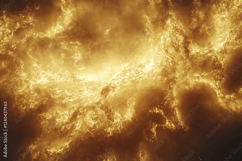Poster captivating view of a bright cosmic phenomenon in deep space illuminated by golden hues and swirling