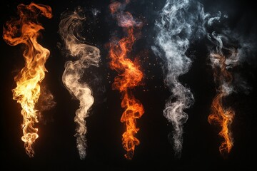 Colorful flames and smoke swirling against a dark background in a captivating display of fire and vapor