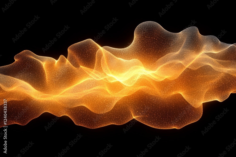 Poster Bright glowing waves of orange and yellow light create a mesmerizing abstract design in a dark backdrop