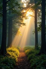 Fototapeta premium A serene forest scene depicts a misty morning with golden light filtering through the trees, golden trace, nature, golden light