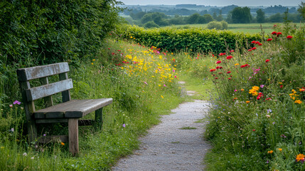 Serene Pathway with Wooden Bench Surrounded by Vibrant Wildflowers