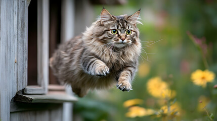 Cat in Mid-Air Leap from Wooden Structure Surrounded by Flora