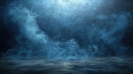Blue smoke, dark floor, studio backdrop