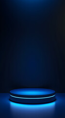 Luxury Dark Blue Stage Podium with Neon Spotlights and Circular Platform, Designed for Elegant Product Display, Event Presentations, and High-End Showroom Settings
