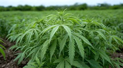 Lush Green Cannabis Plants Growing in a Field under Soft Light