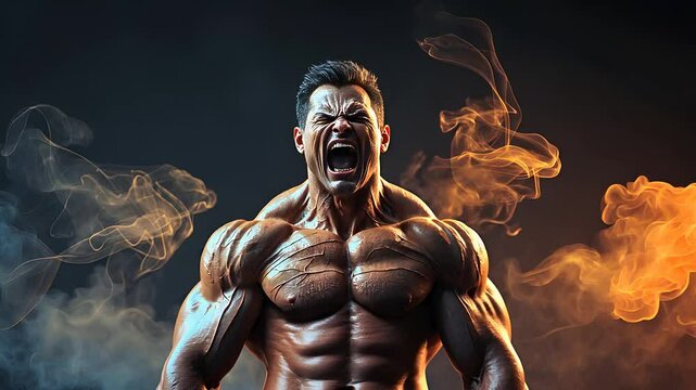Muscular Bodybuilder Yelling with Intense Expression and Smoke Effects in a Dramatic Fitness and Strength Concept

