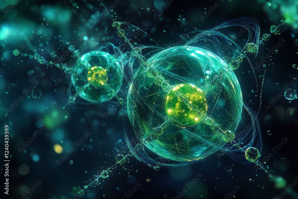 Aufkleber Vibrant atomic structure showcasing interconnected particles in a quantum realm during a digital illustration