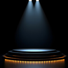 Luxury Dark Blue Podium with Spotlights and Circular Platform, Perfect for High-End Product Displays, Elegant Presentations, and Minimalist Showroom Scenes