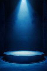 Abstract Dark Blue 3D Podium with Spotlight and Circular Stage, Ideal for Product Presentations, Luxury Showrooms, and Minimalist Display Backgrounds