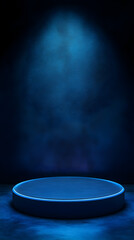 Modern Dark Blue Stage with Circular Platform and Neon Spotlights, Creating a Minimalist and Elegant Display Scene for Luxury Presentations, Events, and Product Showcases