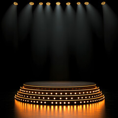 Abstract Dark Golden Stage with Circular Podium and Neon Spotlight, Perfect for Minimalist Presentation Backgrounds, Luxury Product Displays, and High-End Events