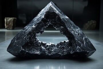 Black crystal formation displayed in a modern exhibition space with unique geometric shape