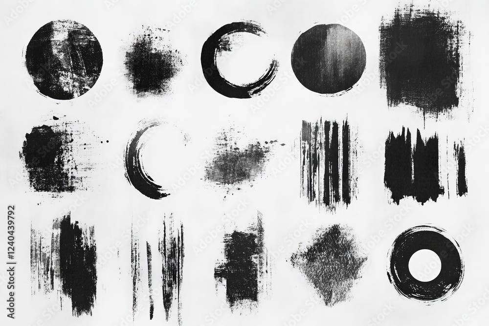 Poster Diverse black and white brush stroke patterns showcasing artistic design and texture variations