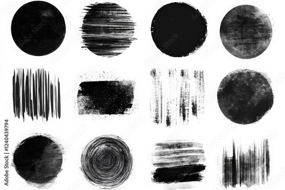 Aufkleber Abstract black and white art showcasing various textured circular and linear patterns on a white background