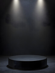 Minimalist Dark Blue Stage Podium with Dramatic Lighting, Featuring a Circular Platform and Neon Spotlights for Product Display, Luxury Showroom, and Elegant Presentation Scene