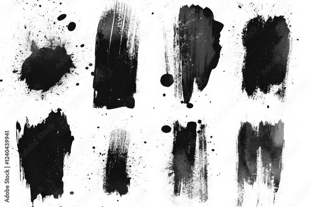 Poster Abstract black ink splashes and brush strokes on textured background for artistic designs and projects