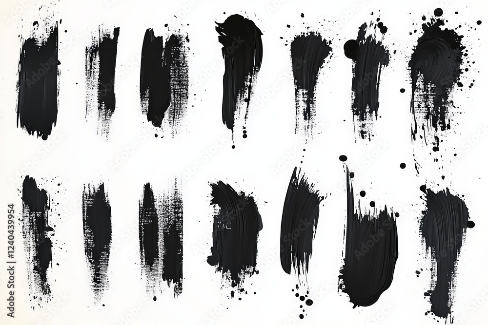 Poster Various black paint strokes and textures on a white canvas create a dynamic abstract composition