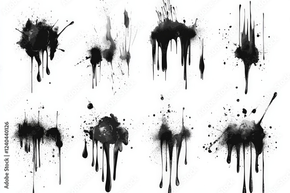 Poster Black ink splatters and drips on a white canvas creating an abstract artistic composition