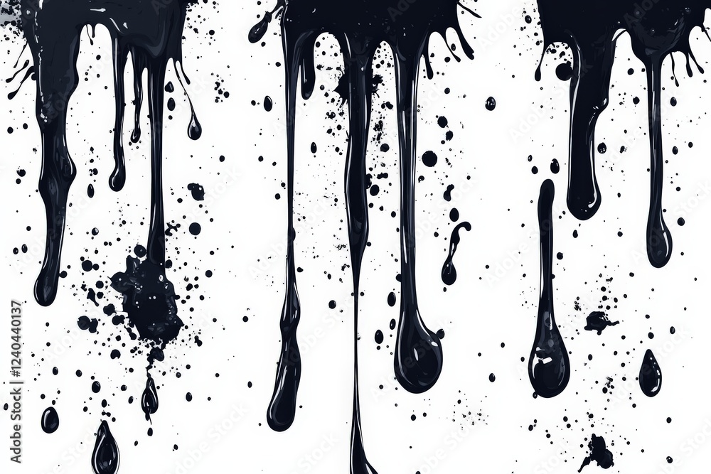 Poster Black paint drips create an artistic pattern on a white background, highlighting the contrast often used in modern art and design