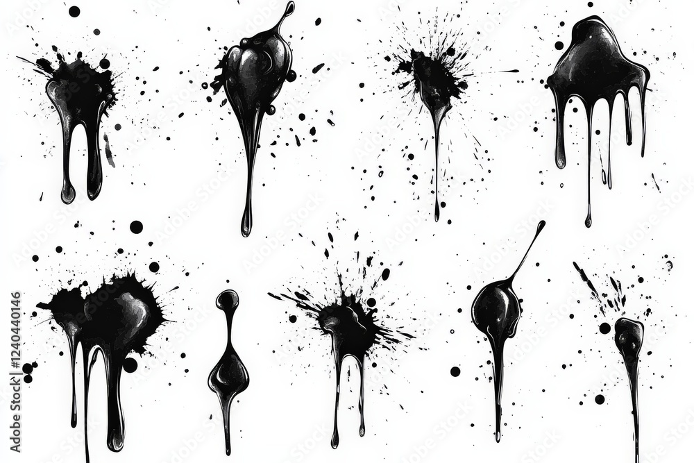 Poster Various black paint splatters and drips on a white background showcasing different shapes and patterns