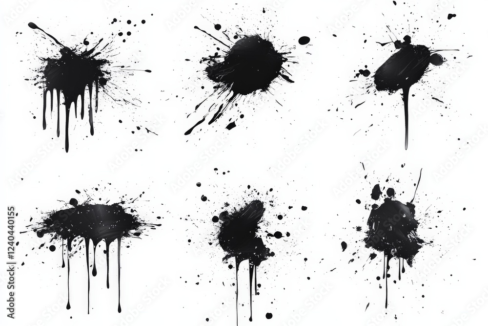Aufkleber Black paint splatters on white background showcasing various shapes and textures in an artistic display
