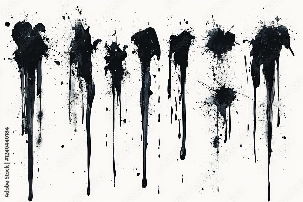Aufkleber black paint drips create an expressive art display on a white canvas, revealing creative technique a