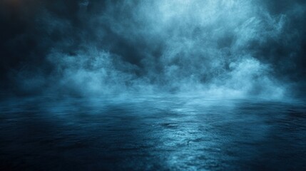 Fototapeta premium Blue smoky stage, dark background, event backdrop (1)