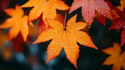 Vibrant Orange Maple Leaves with Water Droplets in Autumn Season