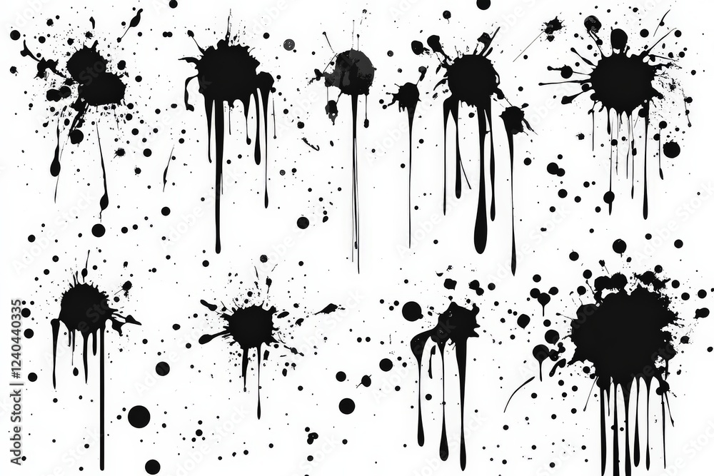 Poster Dripping black paint splatters on a white background create a dramatic artistic effect perfect for various design projects