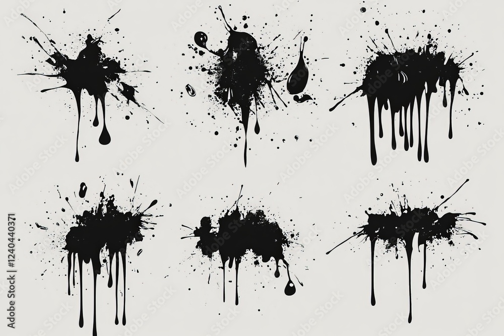 Poster Black ink splatters and drips create an artistic display on a textured background in a creative space