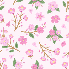 Spring Cherry Blossom Seamless Pattern. Hand drawn Sakura background with falling branches pink flowers buds petals. Repeat vector illustration in flat style