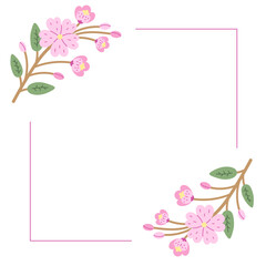 Square Card Template with Cherry Blossom. Invitation with hand drawn pink Sakura flowers. Elegant Springtime frame with branch flower leaf bud. Vector illustration