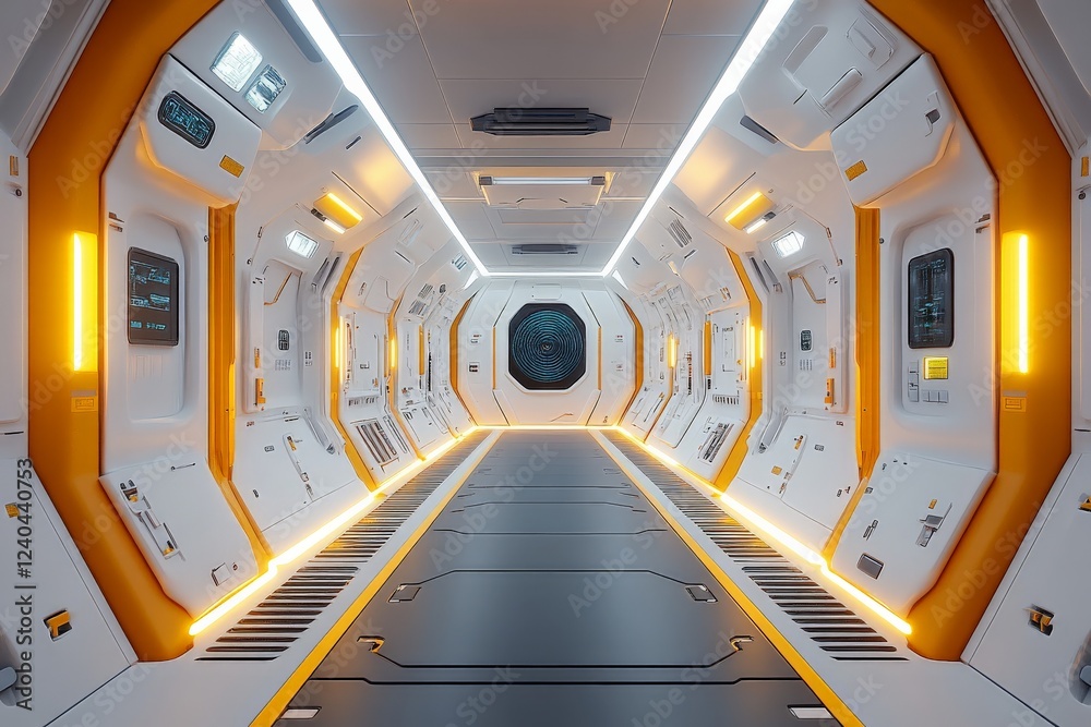 Aufkleber futuristic corridor with sleek design and illuminated paneling in a space station
