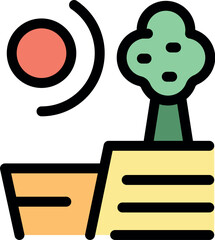 Minimalist vector illustration of a rising sun over a desert landscape with a lonely tree growing on a cliff