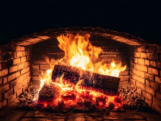 Burning Logs in Brick Fireplace at Night Cozy Warm Winter Fire