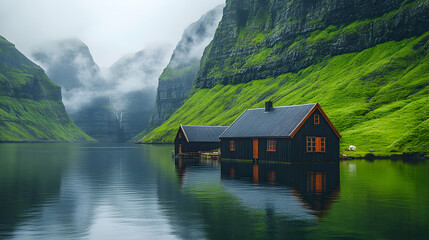 Fototapeta premium Serene Mountain Landscape with Reflection of Cabin in Water