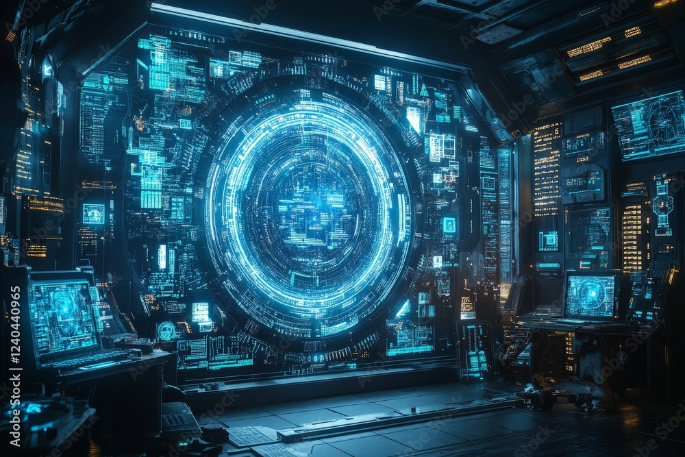 Fototapete intricate futuristic control room with glowing data displays and advanced technology in a sci-fi env