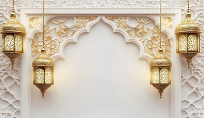 Eid al fitr and Eid al adha Realistic 3D illustration Golden hanging lanterns and mandala design decorated on arabic background