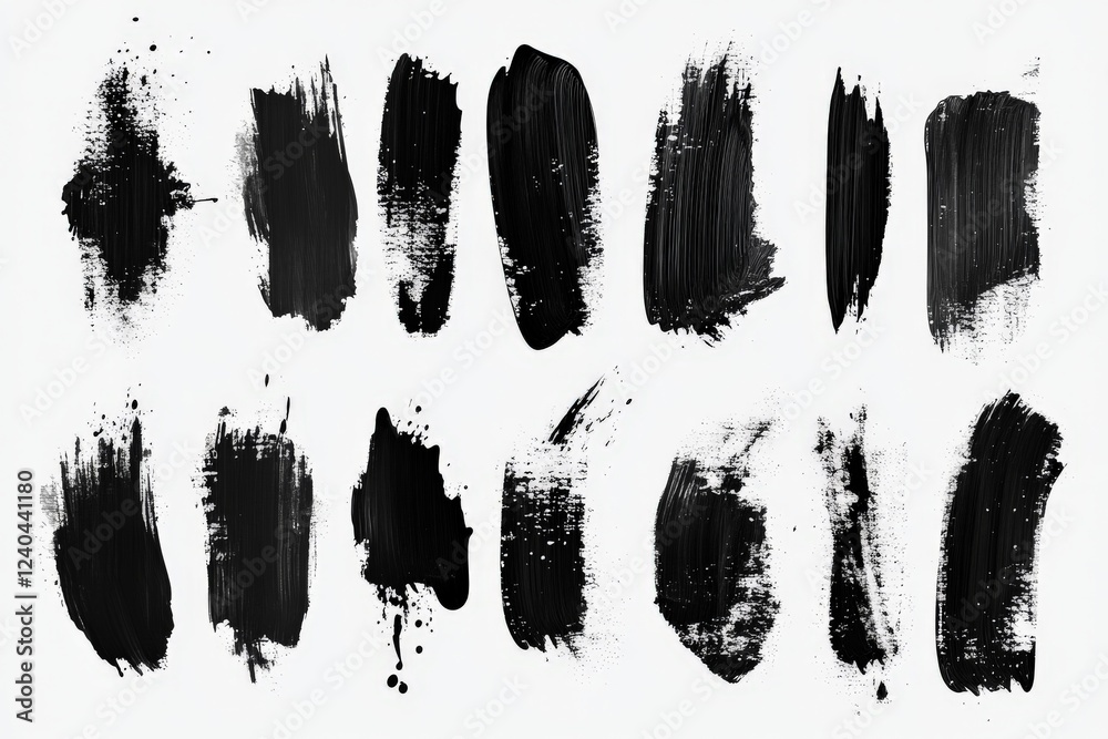 Poster Various black paint strokes arranged creatively on a light background for artistic expression and design inspiration