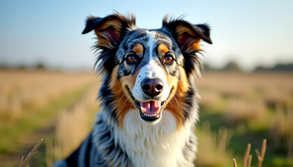 Fototapeta premium Close-up portrait of a photorealistic Australian Shepherd with blue merle coat sitting on a grassy field outdoors