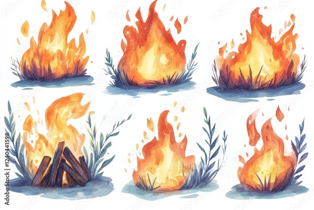 Aufkleber Stylized flames with varied shapes and sizes amidst grass and logs, perfect for illustrating warmth and energy in artistic projects