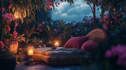 Relaxing rooftop haven with a woven daybed, tropical plants, and soft candlelight reflecting off blooming flowers.