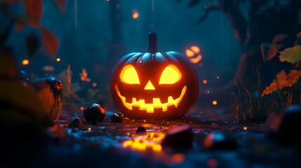 Fototapeta premium A Glowing Jack-o'-Lantern in a Dark Forest