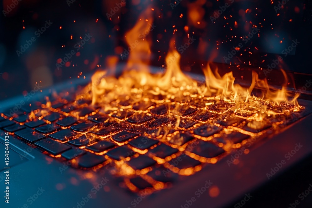 Poster computer keyboard engulfed in flames with sparks flying during a night scene