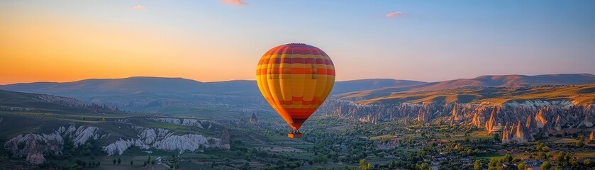Naklejka premium A vibrant hot air balloon floats above a stunning landscape at sunrise, showcasing the beauty of nature and adventure.