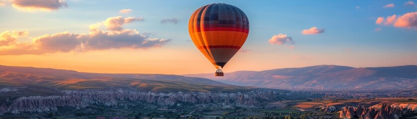 Obraz premium A colorful hot air balloon glides above a picturesque landscape during sunset, showcasing vibrant skies and serene valleys.