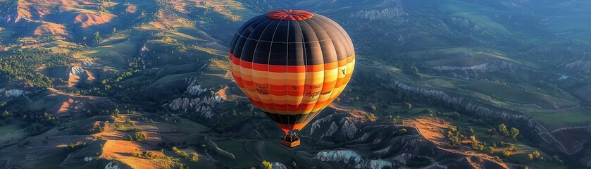 Obraz premium A vibrant hot air balloon floats gracefully over scenic landscapes, showcasing a beautiful blend of colors against a clear sky.