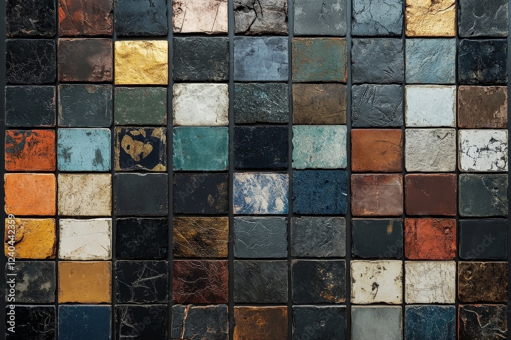 Poster Colorful collection of textured tiles arranged in an artistic pattern in a modern workspace