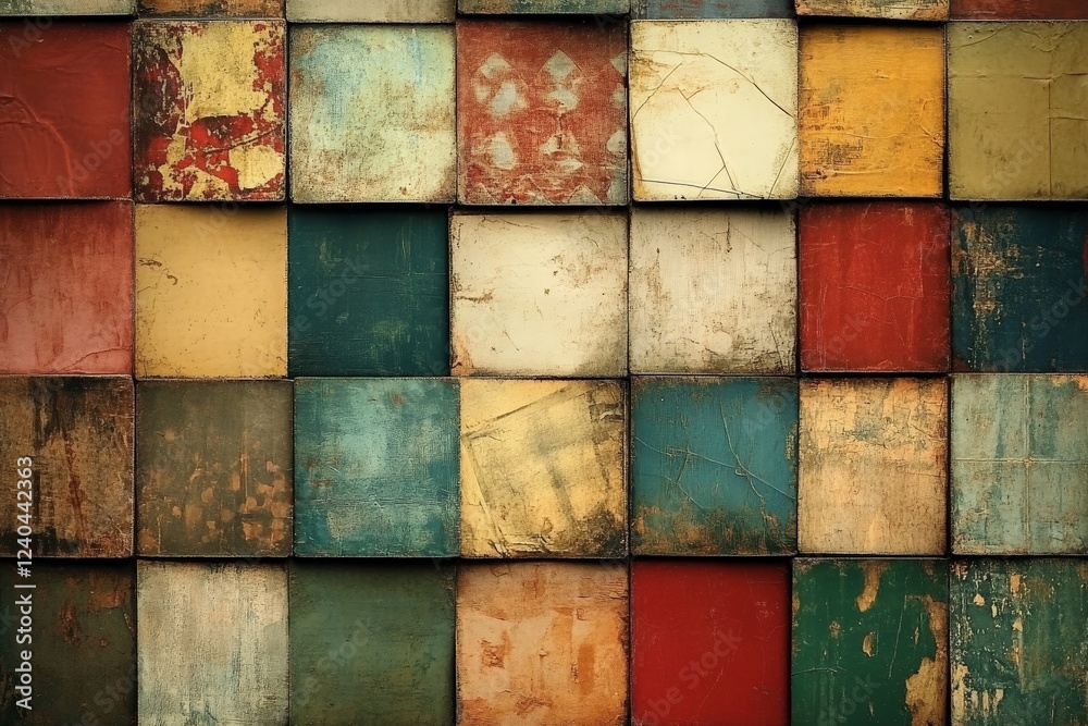 Aufkleber Wooden squares arranged in a colorful mosaic depicting various textures and patterns in an artistic layout